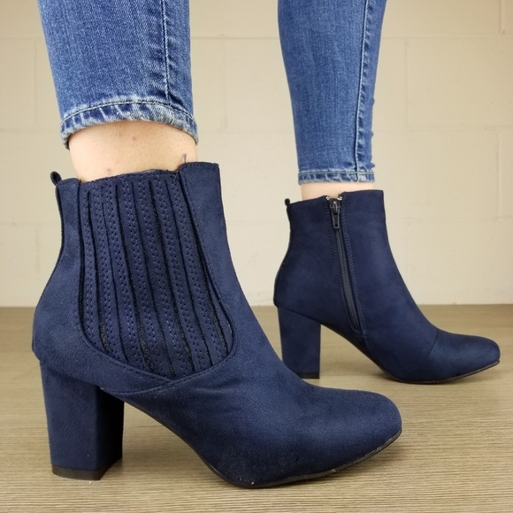 Vegan Suede Navy Bock Heel Ankle Bootie - Picture 2 of 7